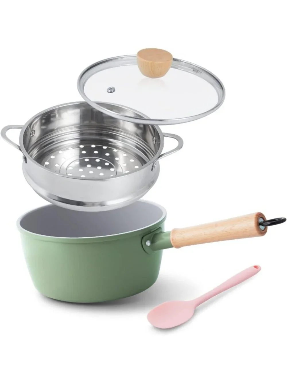 Ceramic Nonstick 2 Quart Saucepan with Lid & Steamer, Cool Touch Wooden Handle